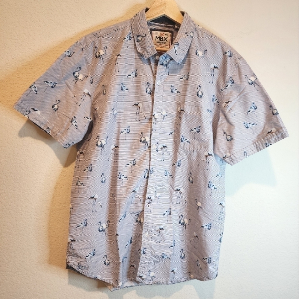 MBX Denim Wear Slim Fit XL Short Sleeve Shirt Blue White Flamingos